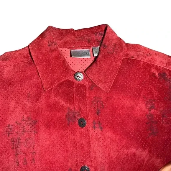 CHICO'S Leather Suede Shirt Jacket Womens Size 1 (Medium) Red Black Asian Print - Picture 4 of 8